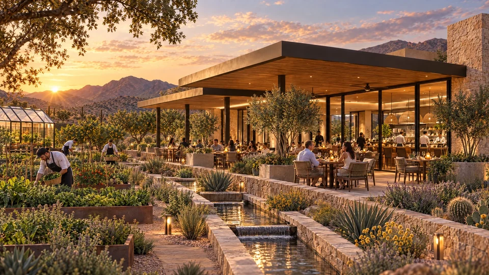 Preliminary concept rendering of a greenhouse and growing area at Sage