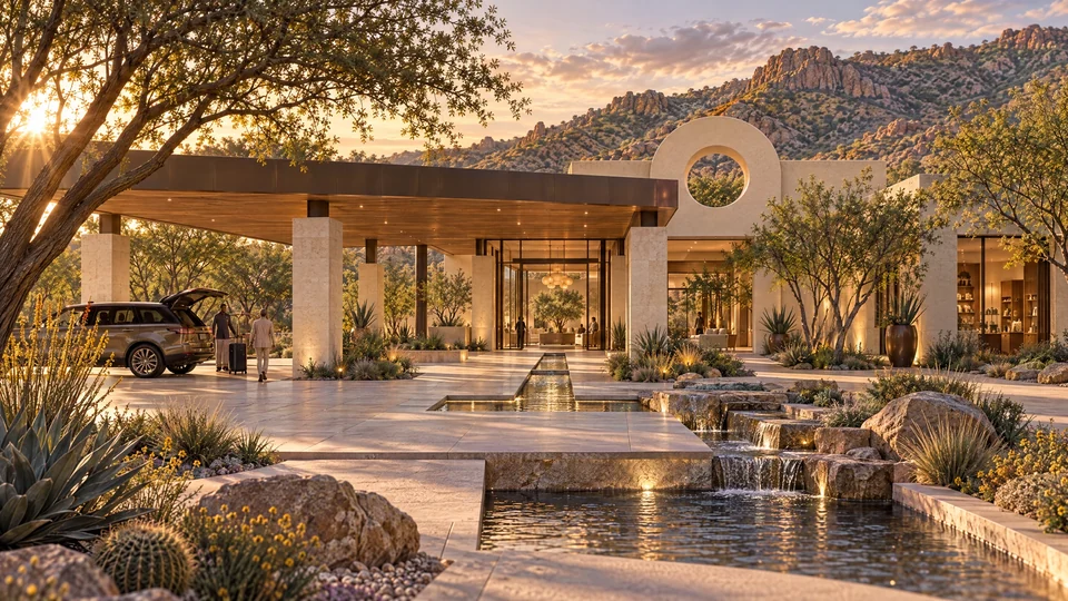 Preliminary main-site reception and planted running-water courtyard