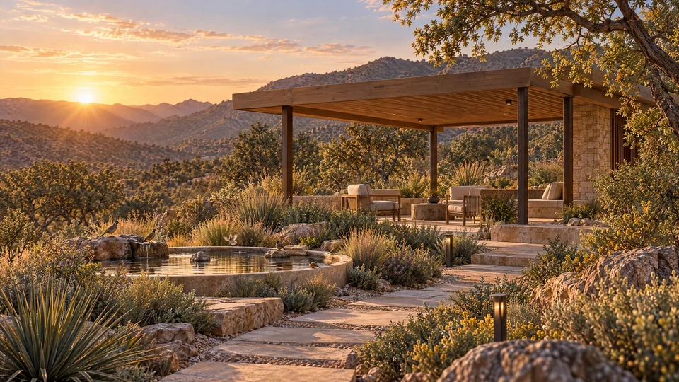 Preliminary birding and meditation pavilion overlooking native planting