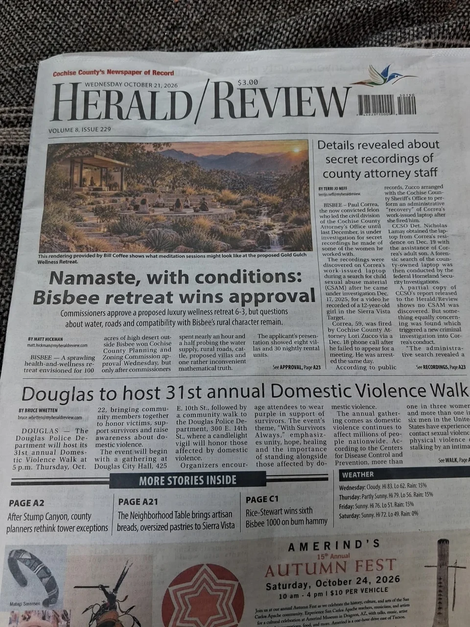 Herald/Review front page dated October 21, 2026, featuring the headline Namaste, with conditions: Bisbee retreat wins approval
