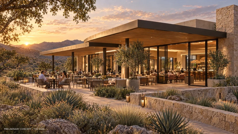 Preliminary Sage restaurant and bar terrace overlooking the landscape