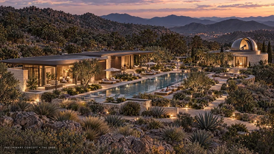 Preliminary Sage spa, pool and observatory concept in the Arizona high desert at dusk