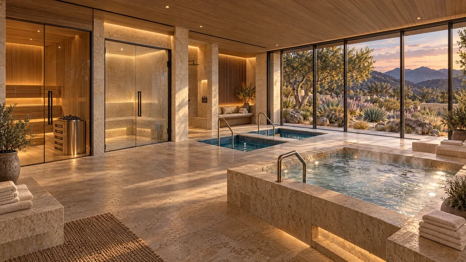 Supplementary indoor sauna, steam-room, cold-plunge and hot-tub concept