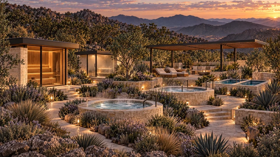 Supplementary outdoor thermal spa, shaded terrace and planting concept