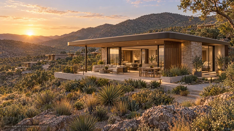Preliminary low-rise Sage villa with a shaded property-view deck
